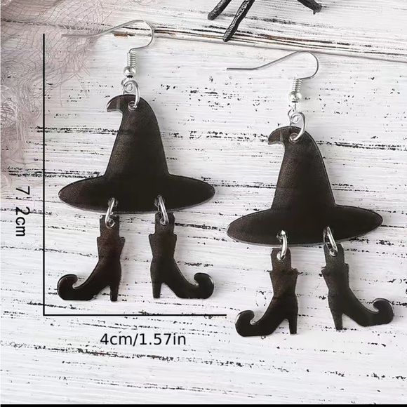 ‼️$7‼️Halloween Evil Witch's Hat Boots Design Black Dangle Earrings - Picture 4 of 7